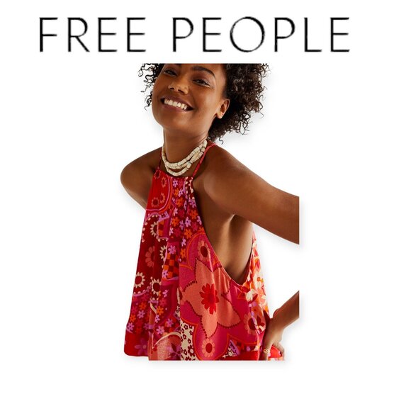 Free People I Dare You Floral Mixed Print red bohemian swing tank size S EUC - Picture 1 of 9